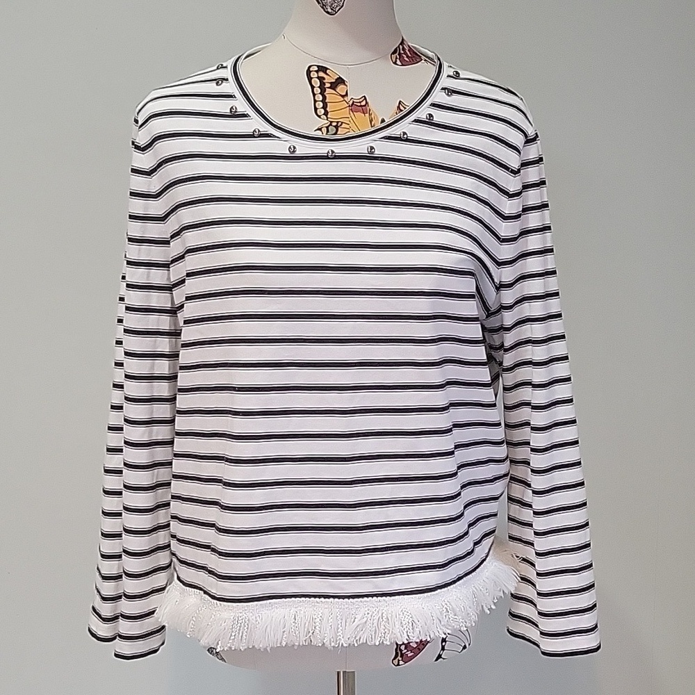 KATE SPADE black & white striped shirt with fringe.  100% cotton. Size XXL